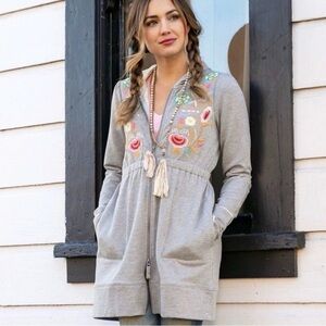 Evy's Tree gray full-zip longline hoodie with colorful floral embroidery sz L